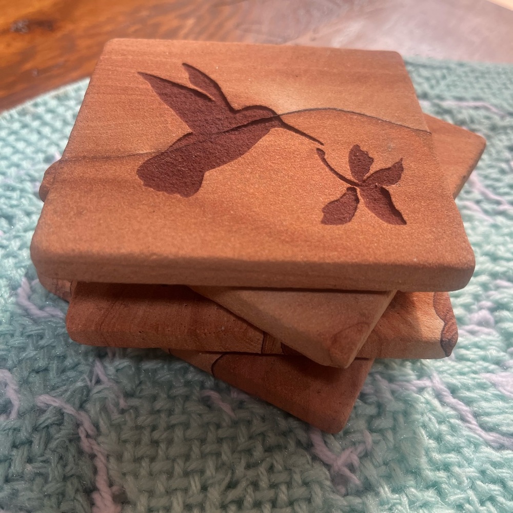Rustic Hard Wood Coasters with Hummingbird Design - Set of 4 w/Cork Back 3.5”